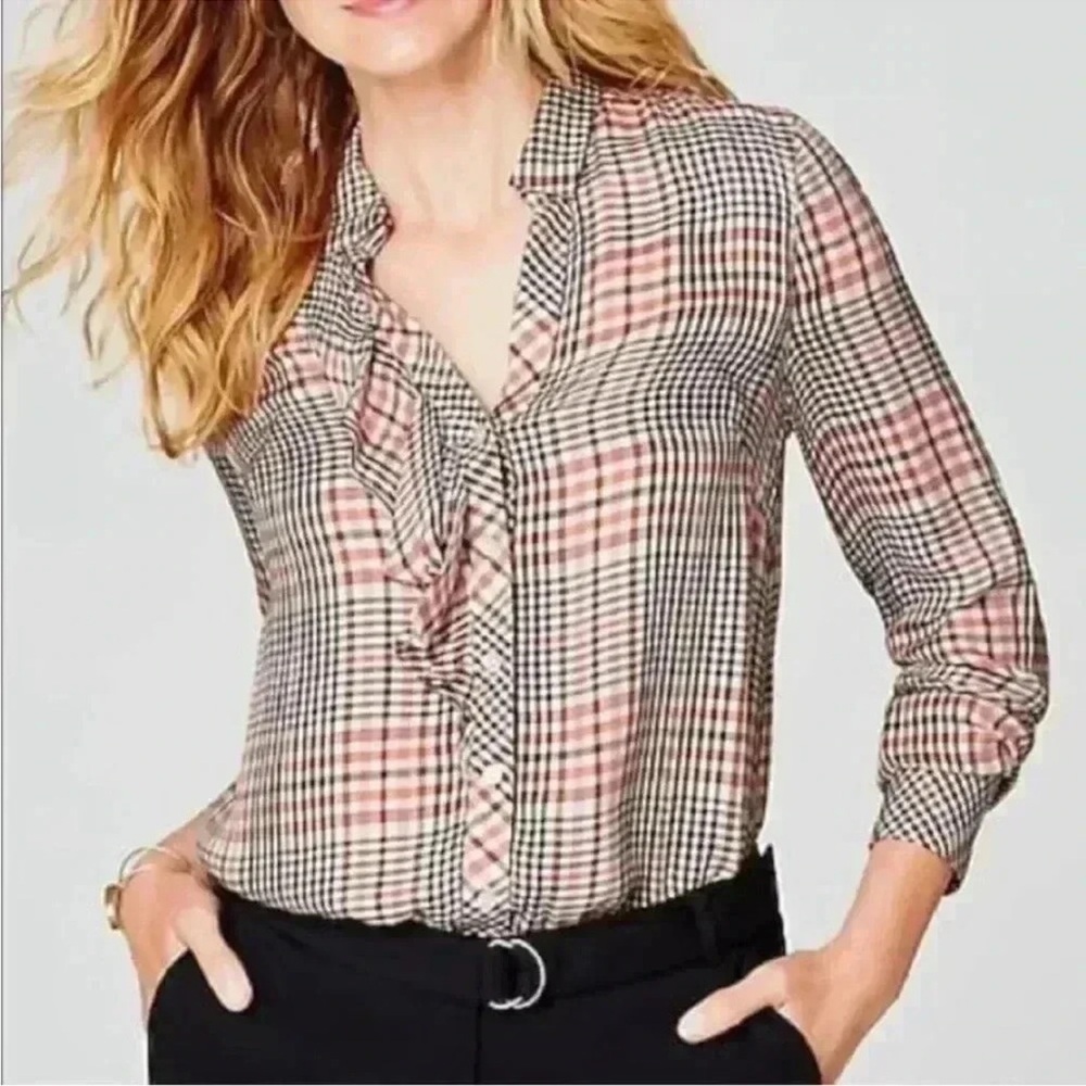 J JILL Plaid Button down Longsleeved Ruffle Front Top Women’s Large Tall